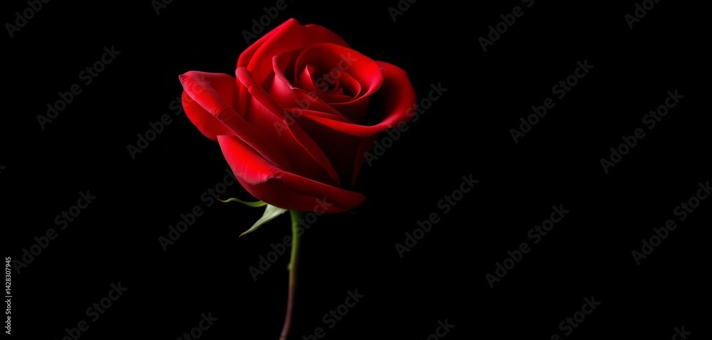 Naklejka premium A single, velvety red rose blooms against a stark black background, backdrop, passion