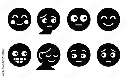 Emotion and mood solid icon set – silhouette style feelings, expression, and psychology symbols for communication: happy, sad, confused, nervous, expressive faces, emotive.