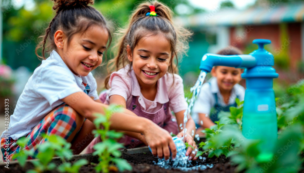 Children watering garden with hand pump in outdoor activity