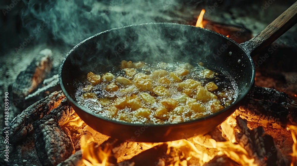 Crackling oil bubbling with battered vegetables beside glowing coals. Crackling oil bubbling with battered vegetables beside glowing coals.