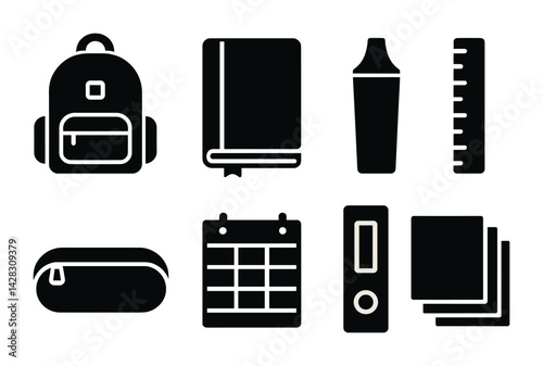 Back to school solid icons set – silhouette style educational, learning, and classroom symbols for student resources: backpack, notebook, shaker, ruler, pencil case, calendar, binder, papers.