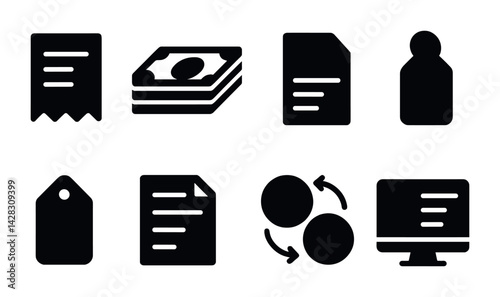 Finance and transactions solid icons set – silhouette style for accounting, banking, and commerce visuals: receipt, cash, document, user, price tag, file, sync, computer.