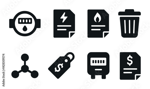 Utility management solid icons set – filled style energy, billing, and services symbols for efficient operations: water meter, electric bill, gas bill, trash bin, molecule, price tag, meter, dollar