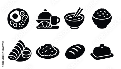 Breakfast foods solid icons set – silhouette style breakfast, dining, and culinary symbols for meal planning: eggs, croissant, noodles, rice bowl, bread, butter, ham, berries.