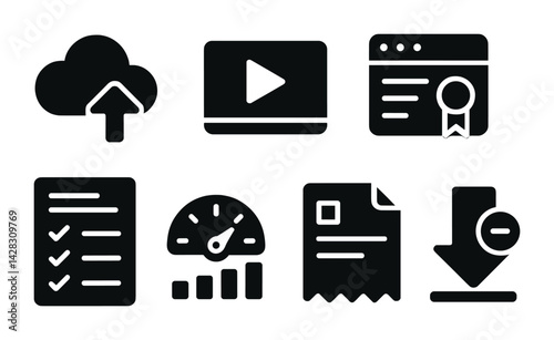 Digital marketing solid icons set – silhouette style online business, analytics, and content creation symbols for seo strategy: cloud, video player, certificate, checklist, analytics, invoice,