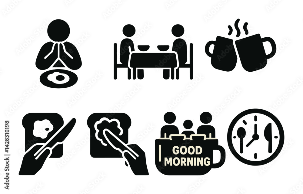Breakfast and dining silhouette icons set – solid style for culinary, morning rituals, and food preparation: prayer, dining table, coffee mugs, toast spreading, group breakfast, clock.