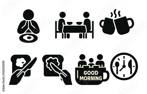 Obraz na płótnie Breakfast and dining silhouette icons set – solid style for culinary, morning rituals, and food preparation: prayer, dining table, coffee mugs, toast spreading, group breakfast, clock. w salonie