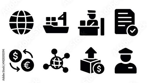 Global trade and commerce solid icons set - silhouette style for international business, financial transactions, and logistics: globe, cargo ship, customs officer, invoice, currency exchange, global