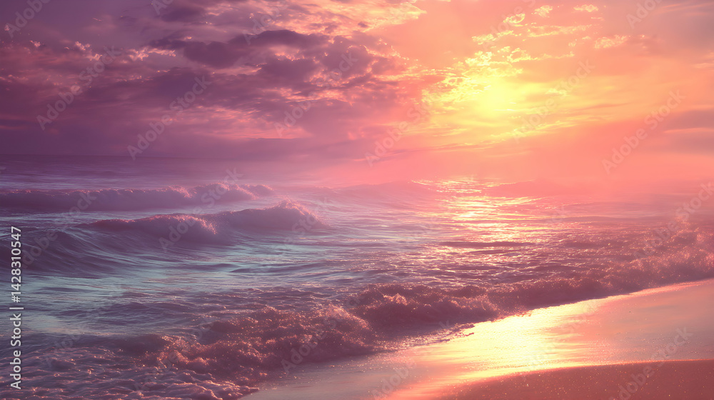 Serene Ocean View with Soft Pastel Sky at Sunset, Waves Rolling Gently on the Shoreline Serene Ocean View with Soft Pastel Sky at Sunset, Waves Rolling Gently on the Shoreline
