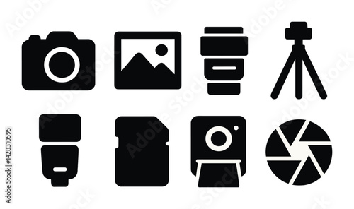 Photography essentials icons set – solid silhouette style for camera enthusiasts and tech lovers: camera, lens, tripod, flash, memory card, photo frame, shutter
