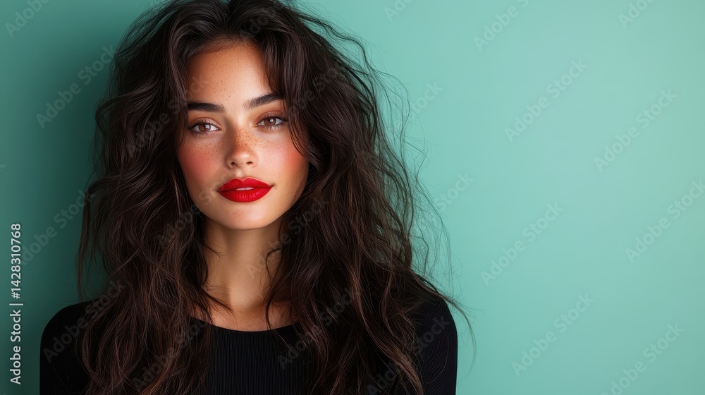 A stunning portrait of a woman with flowing dark hair, striking red lips, and a fashionable black outfit, set against a vibrant teal background, showcasing beauty and confidence. A stunning portrait of a woman with flowing dark hair, striking red lips, and a fashionable black outfit, set against a vibrant teal background, showcasing beauty and confidence.