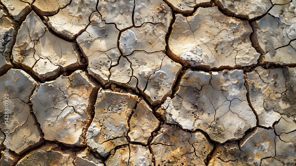 Overhead close-up texture of dry, cracked earth or mud, showing deep fissures caused by drought or heat. Arid landscape and environmental concept background.
Overhead close-up texture of dry, cracked earth or mud, showing deep fissures caused by drought or heat. Arid landscape and environmental concept background.