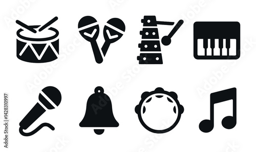 Music instruments silhouette icon set – solid style sound, percussion, and melody symbols for music projects: drum, maracas, xylophone, keyboard, microphone, bell, tambourine, music note.