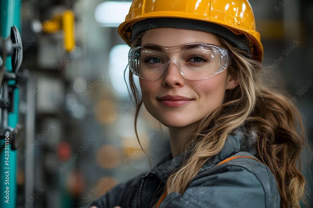 A portrait of an attractive female worker in uniform and safety helmet standing with her arms crossed at the production line, smiling at the camera. The background is an industrial factory interior wi A portrait of an attractive female worker in uniform and safety helmet standing with her arms crossed at the production line, smiling at the camera. The background is an industrial factory interior wi