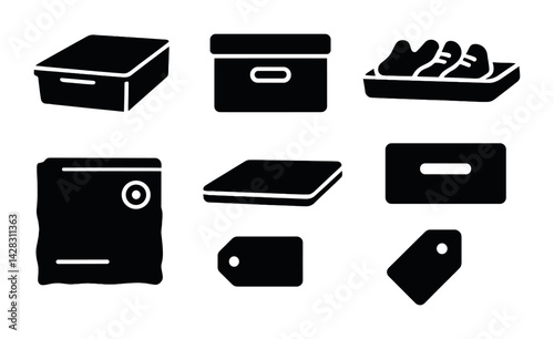 Storage and organization silhouette icons set – minimal design for efficient packing and home office: box, container, drawer, label, basket, shelf, tag, file.