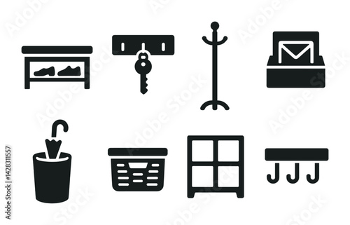 Home organization silhouette icon set – solid style for efficient storage and entryway solutions: shoe rack, key holder, coat stand, storage box, umbrella stand, basket, cabinet, wall hooks.