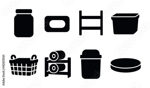 Bathroom and storage solid icons set – silhouette style organization, hygiene, and decor symbols for home design: jar, soap, ladder, container, basket, towel rack, bin, tray.