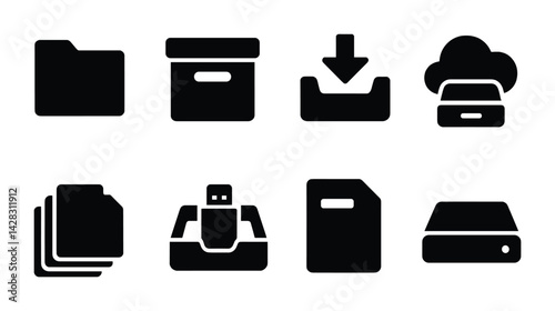 Data management solid icons set – silhouette style for cloud storage, file organization, and digital backup: folder, archive box, download, cloud, documents, usb, file, hard drive