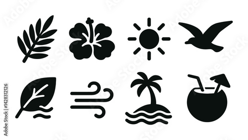 Tropical vacation silhouette icons set – nature, relaxation, and beach symbols for summer getaway: palm tree, hibiscus, sun, seagull, leaf, wind, ocean, coconut drink.