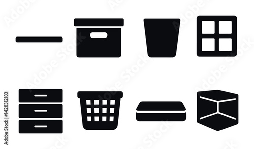 Home organization solid icons set – flat style storage, arrangement, and declutter symbols for tidying up: drawer, storage box, trash bin, window, basket, container, shelf.