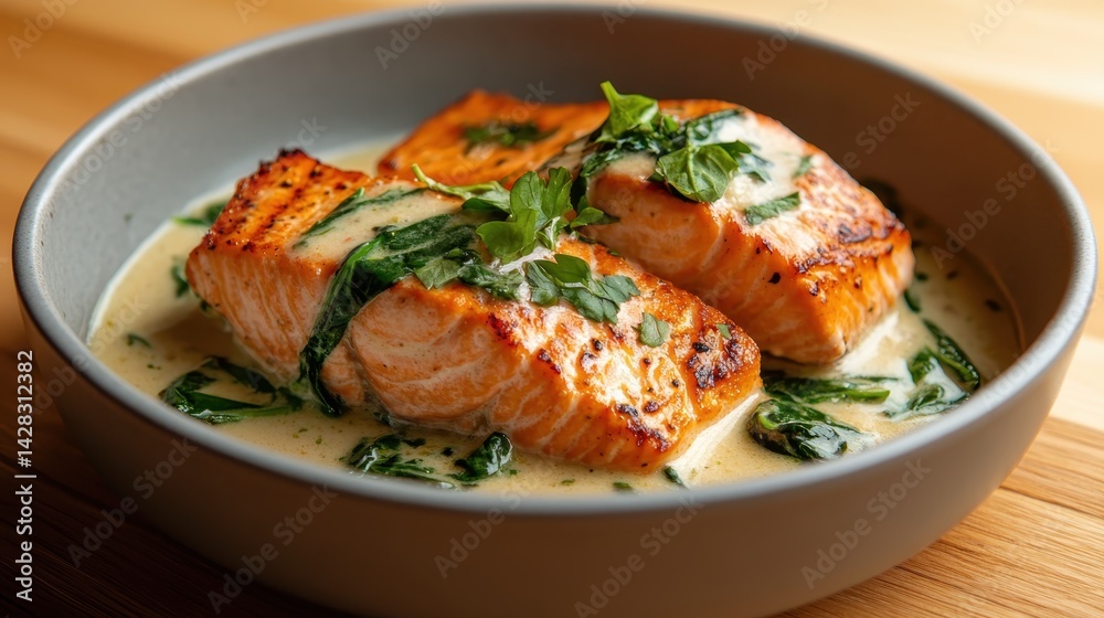 Freshly cooked salmon fillets served in a creamy spinach sauce, garnished with herbs, showcasing an appetizing blend of flavors and a warm, inviting presentation. Freshly cooked salmon fillets served in a creamy spinach sauce, garnished with herbs, showcasing an appetizing blend of flavors and a warm, inviting presentation.