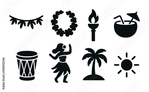 Tropical vacation silhouette icons set – solid style for beach, hula, and island vibes: lei, tiki torch, coconut drink, drum, hula dancer, palm tree, sun