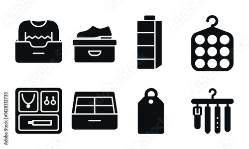 Stylish closet organization solid icons – silhouette style wardrobe management, storage, and fashion symbols: clothes drawer, shoe box, organizer, hangers, jewelry box, belt rack