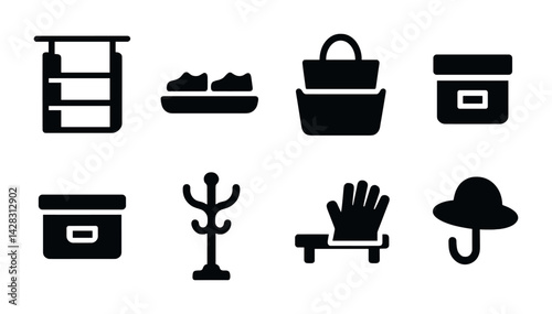 Modern home organization icons set – solid style for storage, closet, and decluttering solutions: shelf, shoes, basket, box, coat rack, glove, bench, hat rack