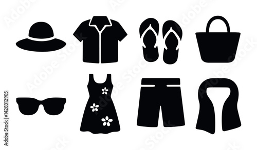 Beachwear silhouette icons set – filled style summer apparel and accessories for fashion design: sunhat, shirt, flip flops, tote bag, sunglasses, dress, shorts, scarf.