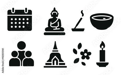 Buddhism icon set – solid style religious, meditation, and ritual symbols: calendar, buddha, incense, offering bowl, community, temple, lotus flower, candle.