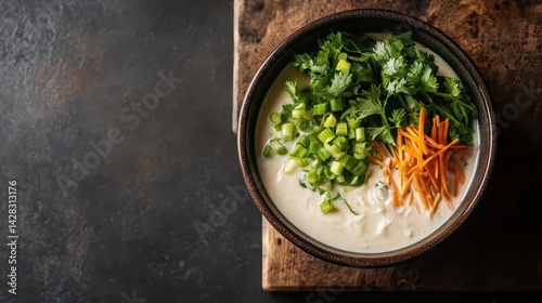 This image features a delicious creamy soup topped with fresh herbs, green onions, and colorful carrots, perfect for food lovers and culinary enthusiasts alike. photo