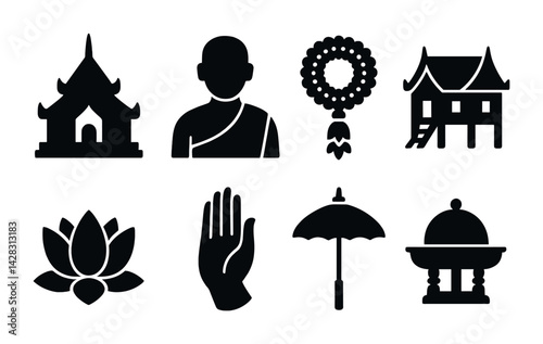 Buddhist culture icon set – solid style religion, spirituality, and heritage symbols: temple, monk, lotus, garland, offering bowl, umbrella, stilt house, blessing palm.