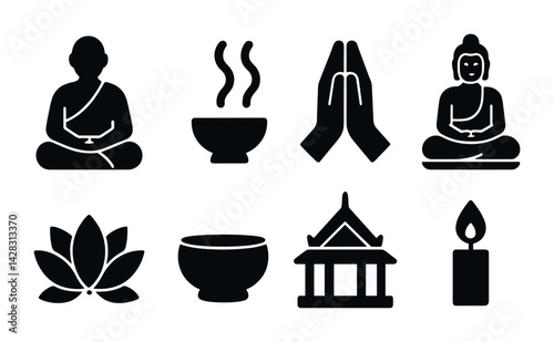 Meditation and mindfulness silhouette icon set – solid style wellness, tranquility, and spirituality symbols for mental peace: meditating person, incense, praying hands, buddha, lotus, temple, candle