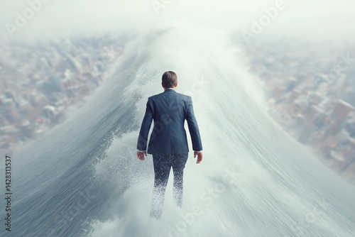 A man in a suit stands on a towering wave, symbolizing struggle and resilience against an urban backdrop.