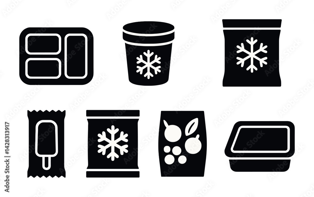 Frozen food solid icons set – silhouette style preservation, freezing, and storage symbols for food safety: meal tray, ice cream, cooler, frozen bag, food container.
