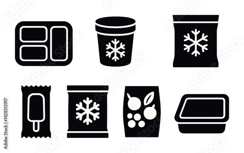 Obraz na płótnie Frozen food solid icons set – silhouette style preservation, freezing, and storage symbols for food safety: meal tray, ice cream, cooler, frozen bag, food container. w salonie