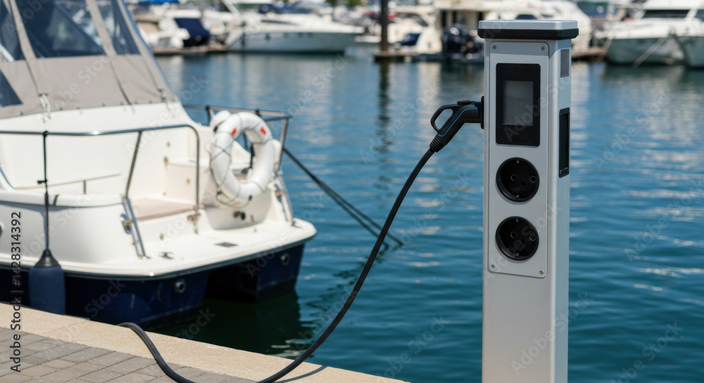 Fototapeta premium Electric boat charger at a sunny marina with yachts and sailboats in the background. Concept of sustainable energy, green technology, and eco-friendly marine transportation.