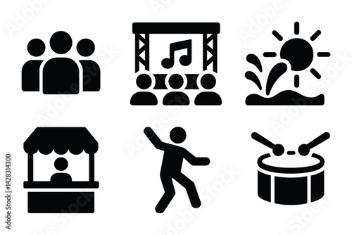 Community festival icon set - solid style icons featuring music, family fun, and outdoor activities: concert stage, dancing, splash pad, market stall, audience, drums.