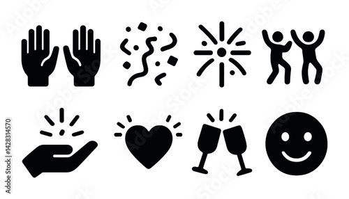 Celebration icon set – solid style party, festive, and event symbols for invitations: hands, confetti, fireworks, dancing, gift, heart, champagne glasses, smiley.