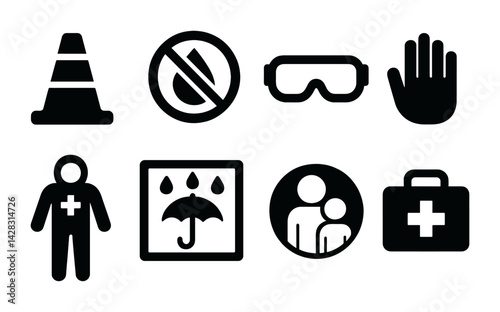 Safety and protection solid icons set – silhouette style for hazard prevention, emergency response, and workplace safety: cone, no entry, goggles, hand, hazmat suit, umbrella, family, first aid kit.