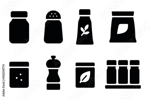 Kitchen spice jar icons set – solid style cooking essentials, culinary tools, and seasoning symbols for recipe design: spice jar, salt shaker, pepper mill, ingredient bag
