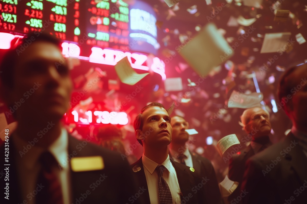 Traders observe stock market fluctuations in a bustling exchange during a dramatic trading session