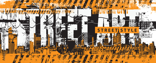Hand drawn abstract urbanism theme with inscription. Grunge street art on the background of spots and geometric shapes of city architecture, newspaper clippings. T-shirt design. No AI used