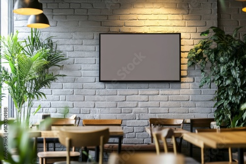 Modern cafe interior with empty screen