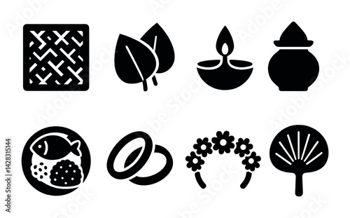 Diwali celebration icon set – solid style festival, tradition, and culture symbols for festive designs: rangoli, mehndi, diya, kalash, sweets, bangles, garland, fan.