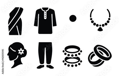 Traditional indian clothing silhouette icons set – filled style for cultural fashion, festive attire, and jewelry symbols: saree, kurta, bindi, necklace, earrings, bangles, rings.