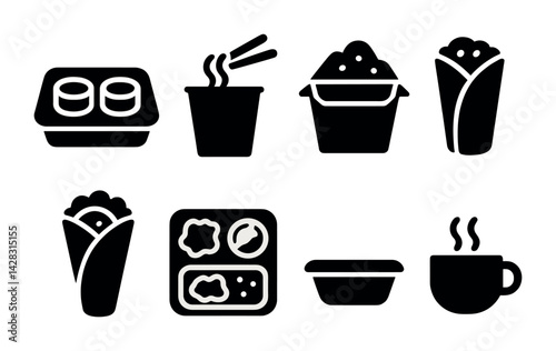 Asian cuisine filled icon set - silhouette style icons of noodles, sushi, and rice for food apps: bento box, ramen, dumplings, sushi, rice bowl, wrap, tea cup