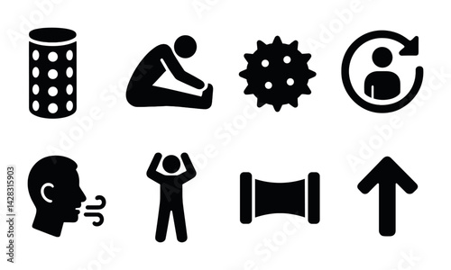 Health and wellness solid icons set – silhouette style fitness, hygiene, and exercise symbols for wellbeing: stretching, virus, mask, breath, arrow, rotation, pipes.