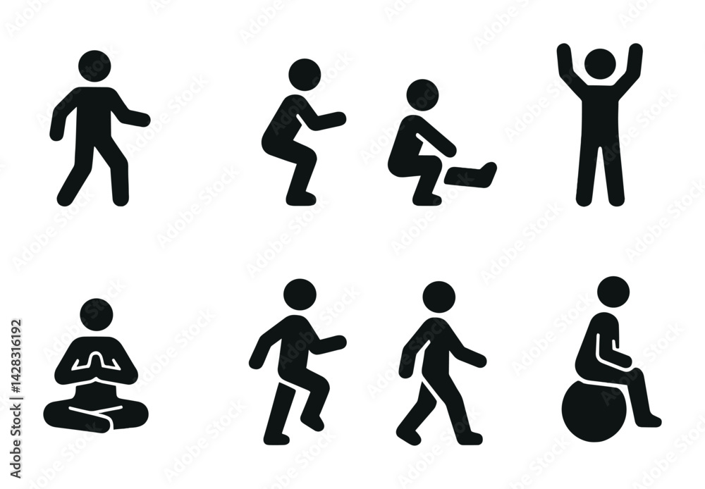 Fitness and exercise silhouette icons set – solid style workout, gym, and wellness symbols for health routines: walking, squats, stretching, meditation, yoga, aerobics, pilates