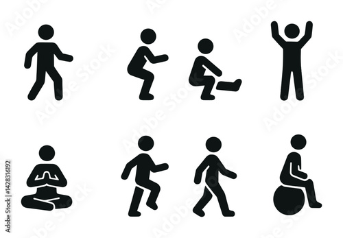 Obraz na płótnie Fitness and exercise silhouette icons set – solid style workout, gym, and wellness symbols for health routines: walking, squats, stretching, meditation, yoga, aerobics, pilates w salonie